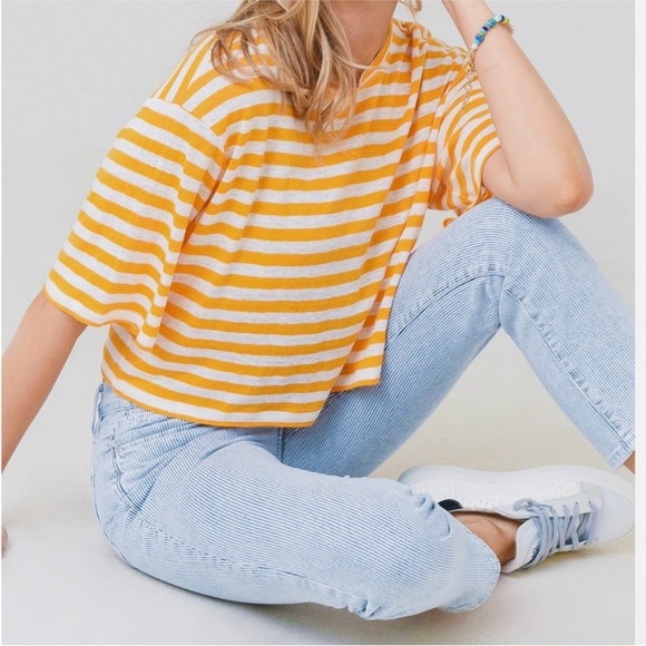 Frame Denim Tops - Frame Women's Boxy Crop Tee stripe organic linen orange large